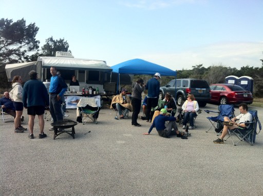 Everyone hanging out, drinking their finisher beers and waiting for the last two finishers to come in.